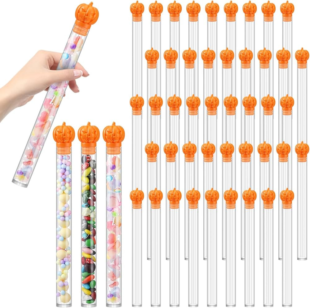 Layhit 48 Pcs Halloween Candy Corn Tube with Pumpkin Head Toppers 12 Inch Empty Plastic Candy Tub... | Amazon (US)