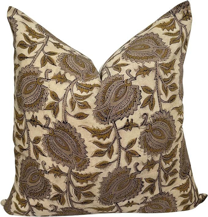 Decorative Handmade Floral Block Print Pillow Cover in Beige, Brown and Mustard for Home Decor/De... | Amazon (US)