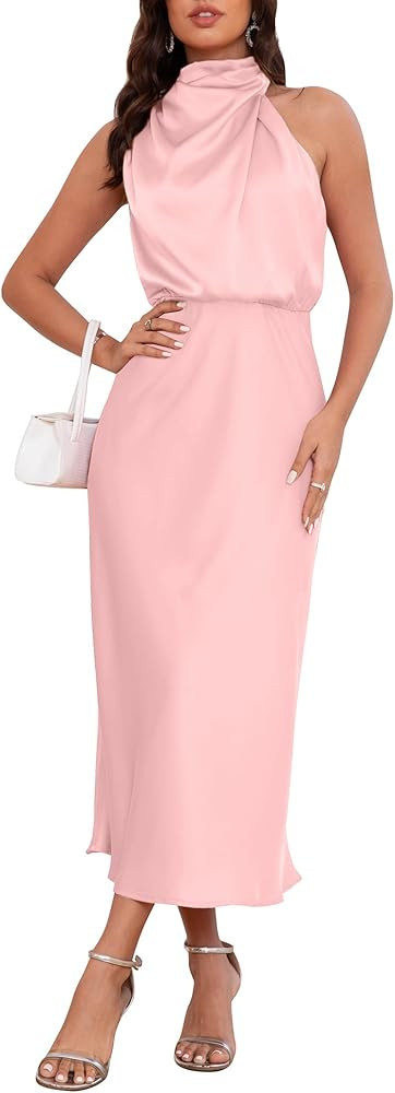 Women's 2026 Summer Satin Dress Elegant Formal Sleeveless Mock Neck Wedding Guest Cocktail Party ... | Amazon (US)