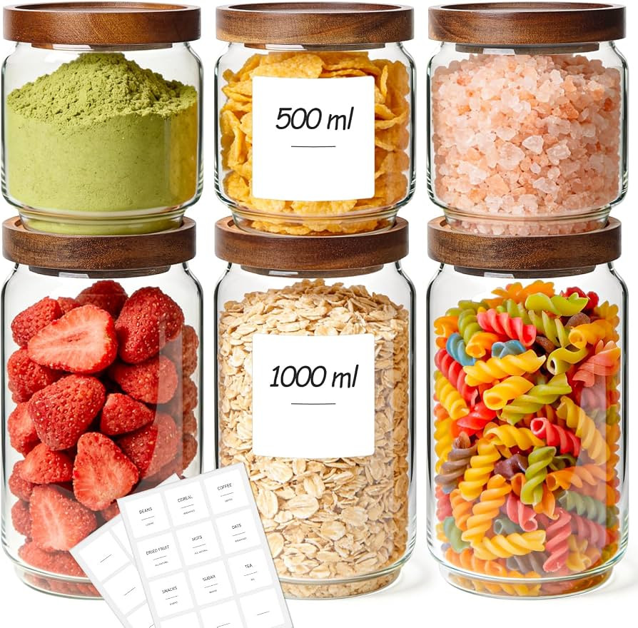ComSaf Stackable Glass Jars with Wooden Lids, 3\u00d71L + 3\u00d7500ml Mixed Size | Amazon (UK)