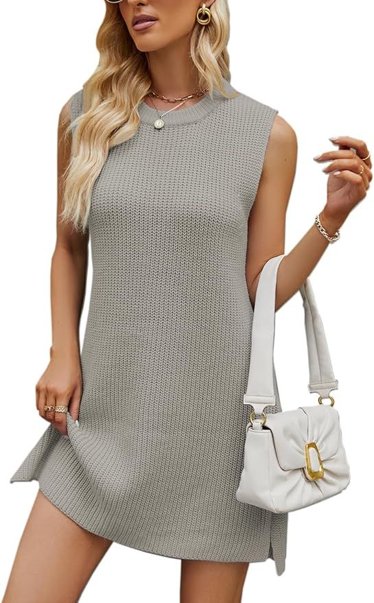 Tikwek Women's Sleeveless Midi Dresses Solid A-Line Sweater Dress with Belt | Amazon (US)