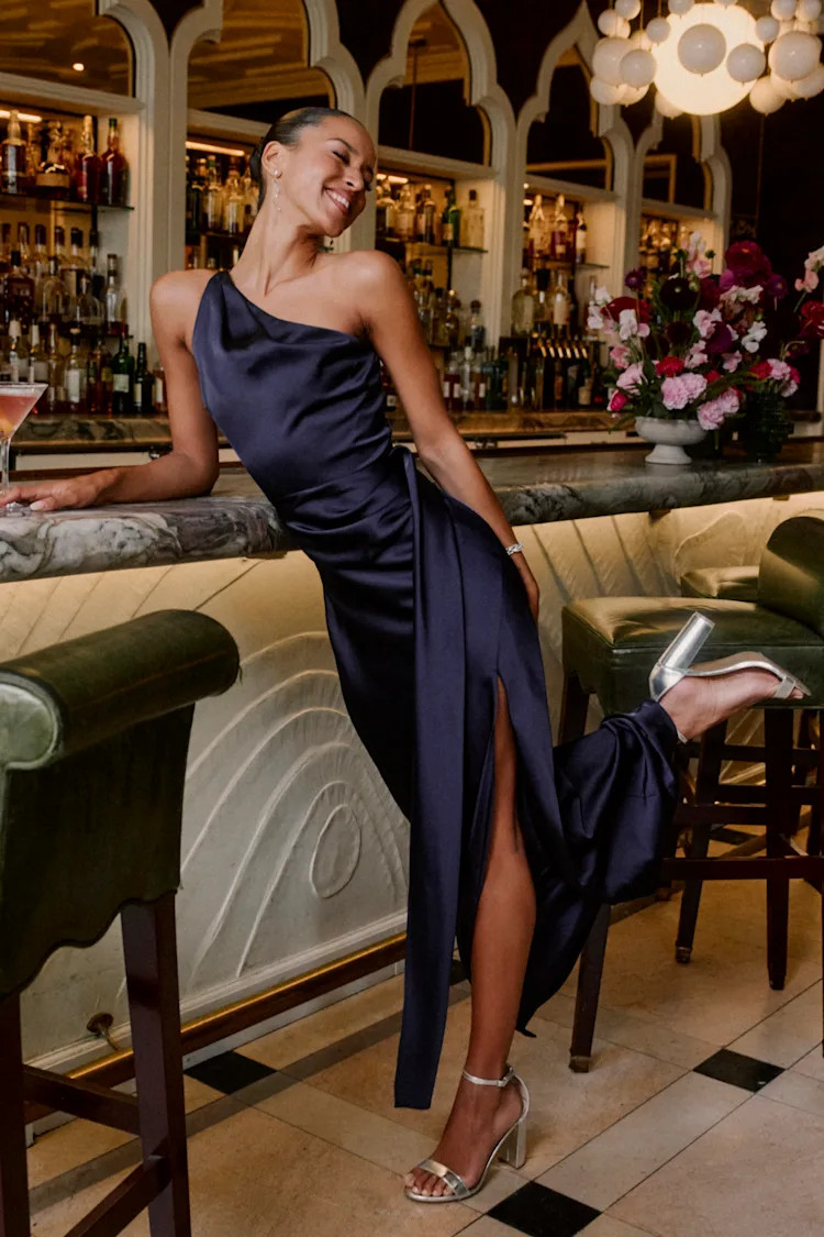 Signature Elegance Navy Satin One-Shoulder Maxi Dress | Lulus
