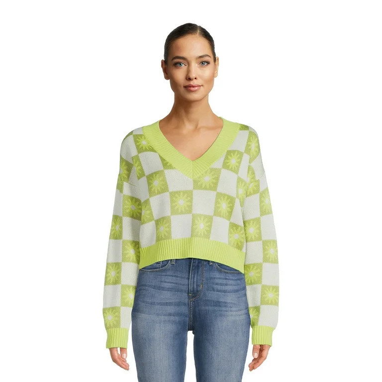 Madden NYC Juniors V-Neck Jacquard Sweater, Midweight | Walmart (US)