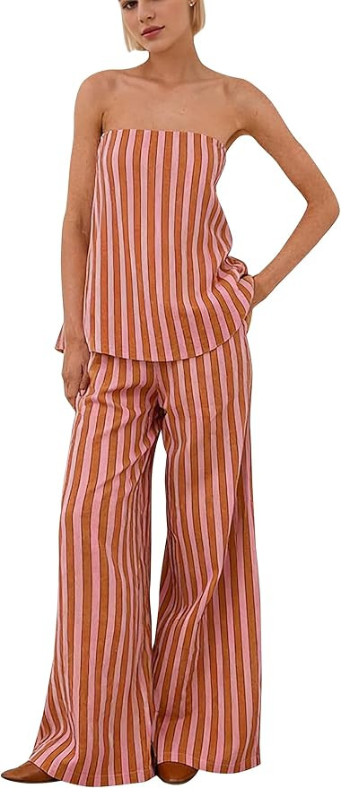 Women Polka Dot 2 Piece Outfits Spot Strapless Tube Top High Waist Wide Leg Pants Casual Lounge S... | Amazon (US)