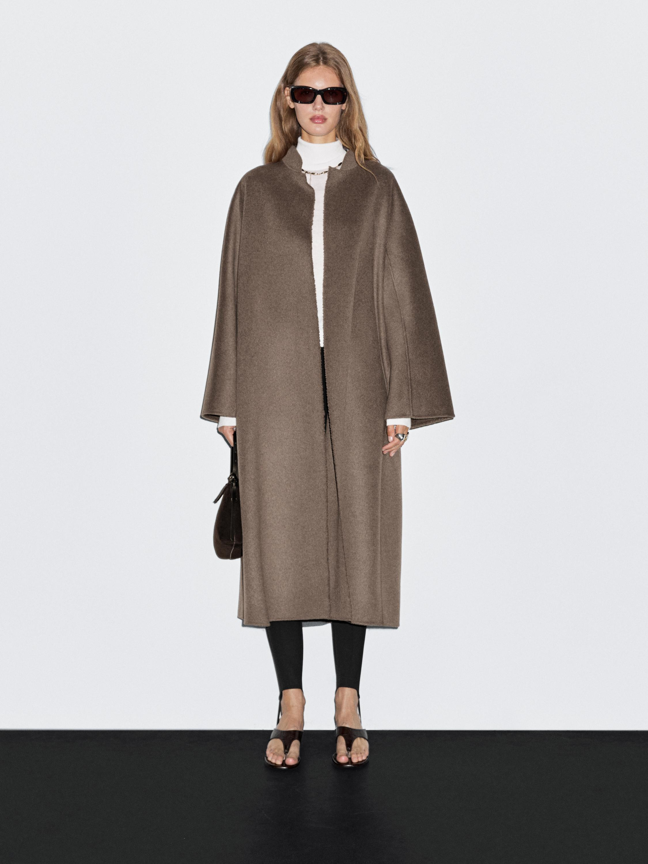 Long open wool blend coat | Massimo Dutti UK