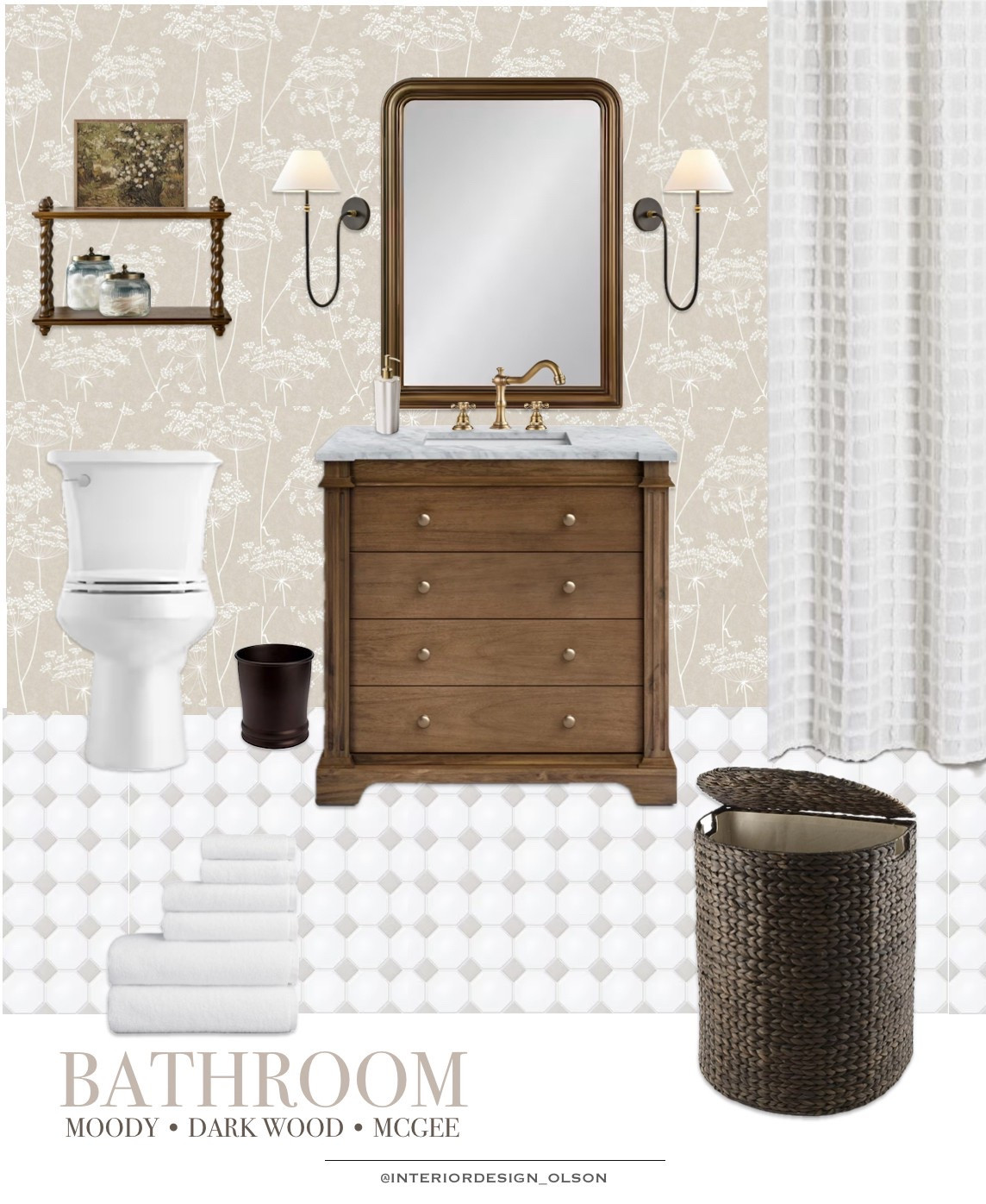 Moody + Timeless Bathroom Design
This bathroom look blends dark wood tones, soft floral wallpaper, and classic McGee & Co. style elements for a warm and elevated feel. The moody touches create a grounded vibe, while the traditional vanity, marble countertop, and brass fixtures add just the right amount of luxury. Perfect for a guest bath or primary suite refresh.

Everything is linked on my LTK!

#bathroomdesign #mcgeestyle #moodybathroom #darkwoodvanity #neutralbathroom #timelessinteriors #floralwallpaper #classicbathroom #ltkhome #ltkinteriors #houseofolson #cozybathroom #interiordetails #bathroominspo #moodyinteriors
