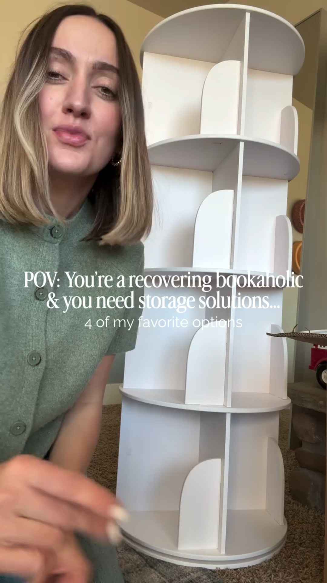 Each of these ways to store offers a unique solution to all your storage problems & most can be shopped directly on Amazon.🤩

- The rotating shelving requires no hardware and snaps right into place. It holds a ton of books, though taller or wider ones can be a little tricky to fit. @spaceaid_official 

- The wall-mounted shelving is the one I’ve had the longest, and it also holds so many books. It’s a more permanent option, but we get asked about it constantly because it’s such a beautiful way to display books. @joykids.original 

- The scalloped bookshelf is just gorgeous, and I think it would make the most unique DIY or craft project. You can easily customize it to fit any room or style. @spaceaid_official 

- The last one is a highlight rack that I use in each of the kids’ rooms. We rotate our favorite books and love switching them out so our current favorites are always on display.