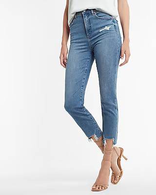 Super High Waisted Ripped Raw Step Hem Mom Jeans | Express