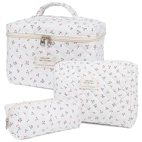 Makeup Bag,Quilted Cosmetic Bag,Large Floral Make Up Bag for Women,Cotton Makeup Bag Set,Flower T... | Amazon (US)