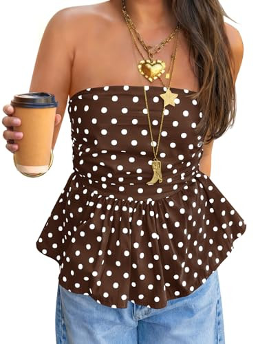 Tankaneo Womens Strapless Polka Dot Tube Tops Summer Cute Backless Peplum Ruffle Hem Bandeau Top ... | Amazon (US)