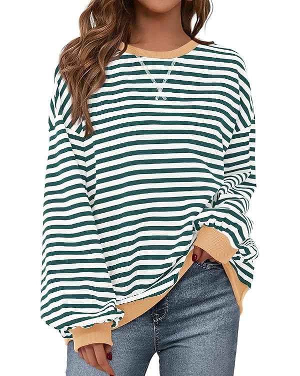 BTFBM Womens Oversized Striped Sweatshirt Crewneck Long Sleeve Pullover Top Casual Y2K Fall Cloth... | Amazon (US)