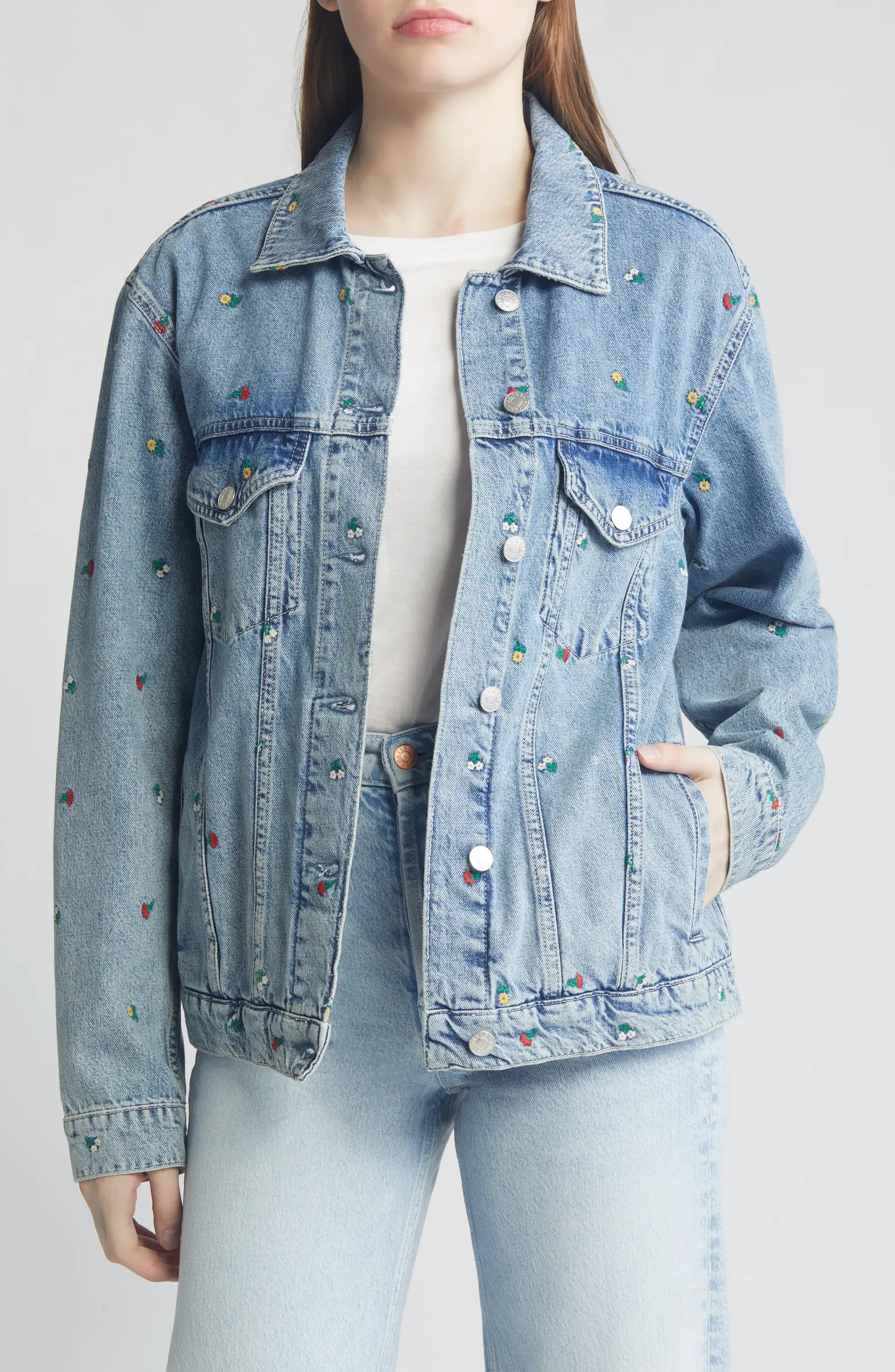 Grove Floral Embroidery Denim Trucker Jacket | Nordstrom