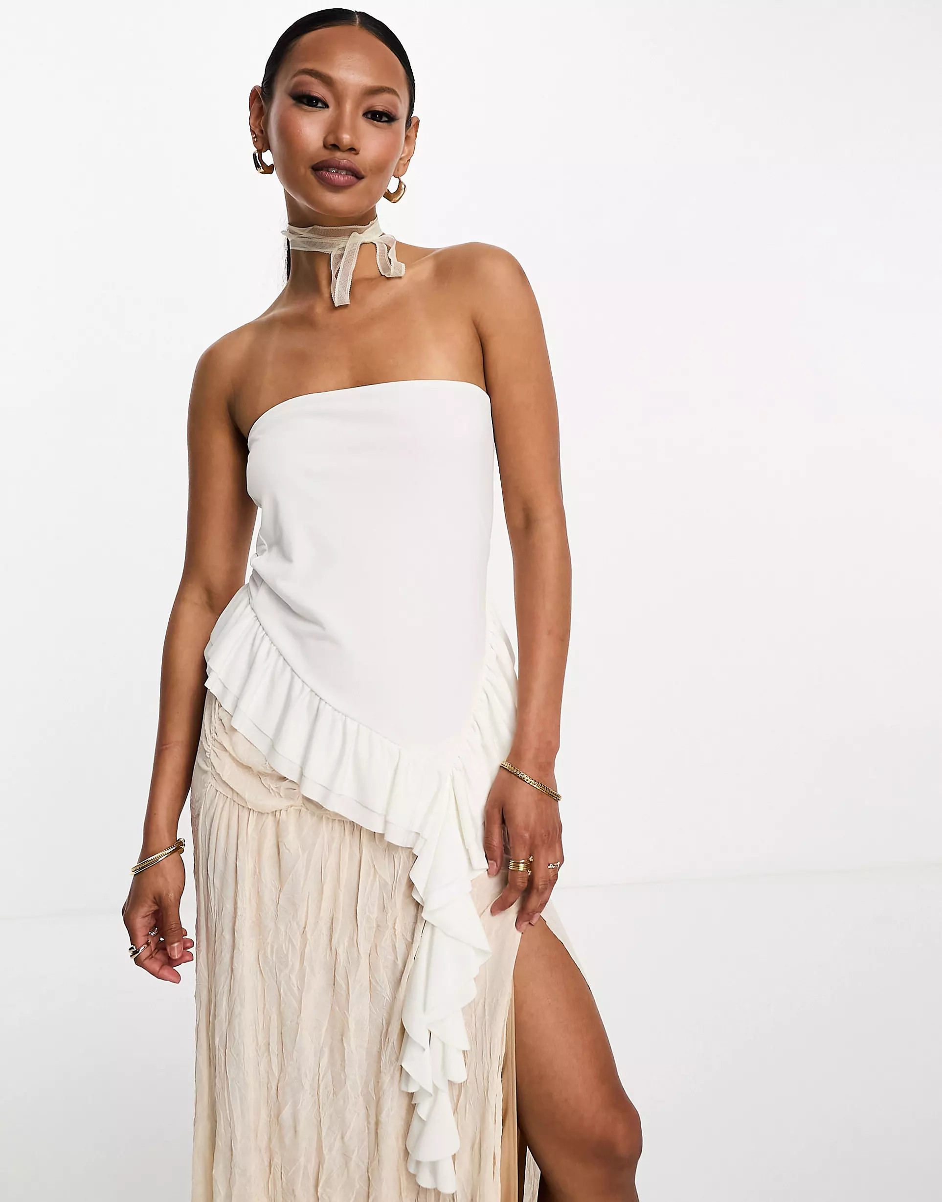 ASOS DESIGN asymmetric ruffle bandeau top in ivory | ASOS (Global)
