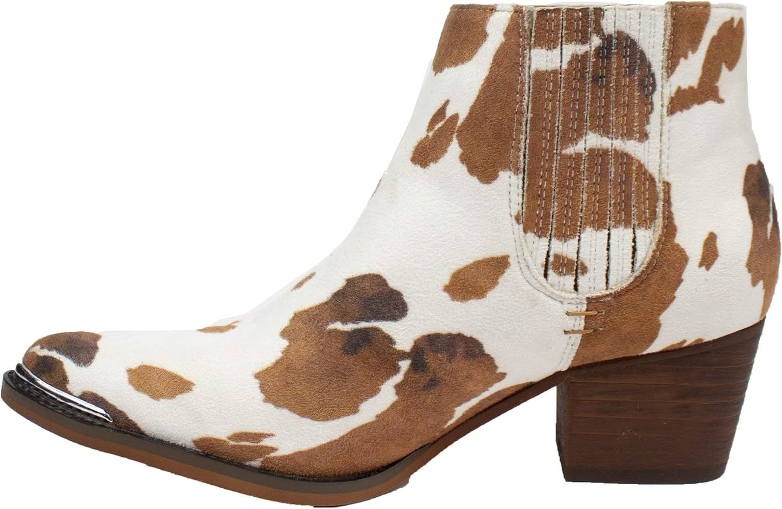 ARiderGirl Dolly Women's New Western Ankle Booties Low Heel Slip On Stacked Suede Cow Print Boots | Amazon (US)