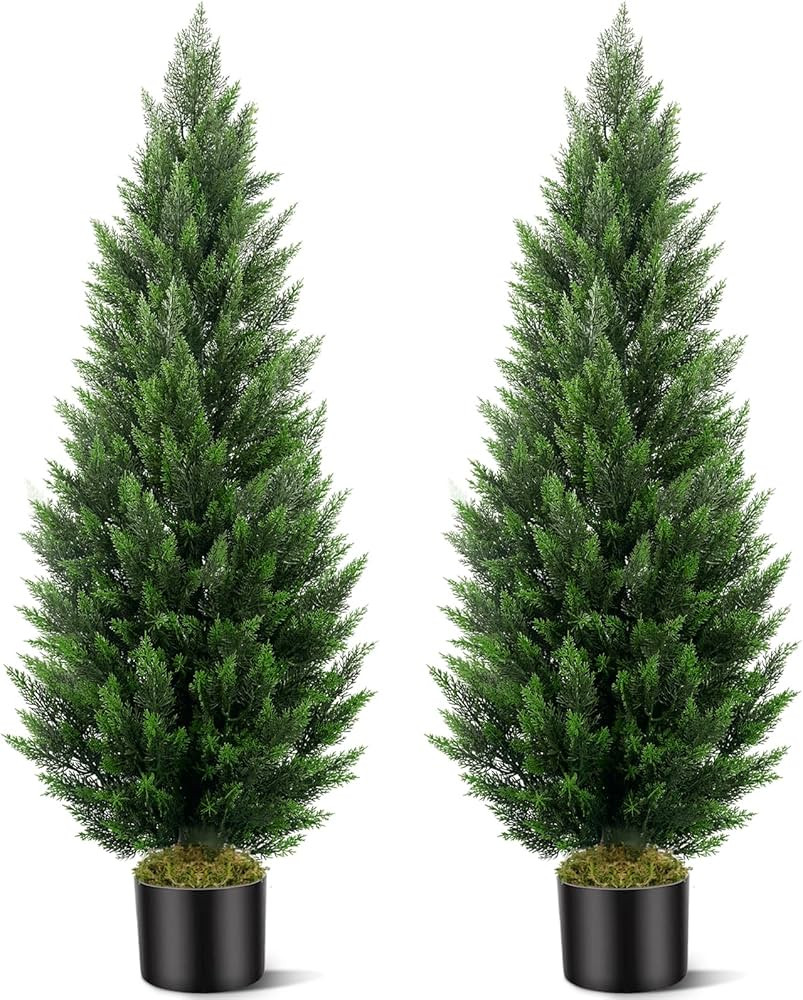 Artificial Topiary Cedar Trees 5FT Tall 2 Set, Outdoor Indoor Faux Pine Shrubs Plants, Realistic ... | Amazon (US)