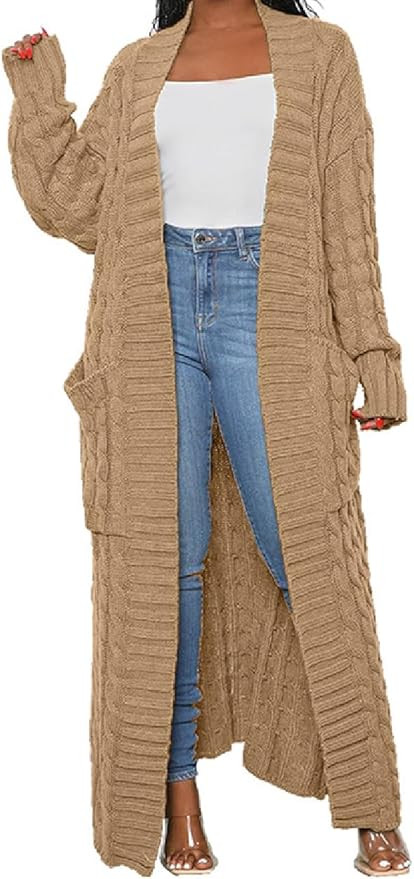 Womens Thin Stylish Cable Knit Dual Extra Long Maxi Cardigan with 2-Pockets | Amazon (US)