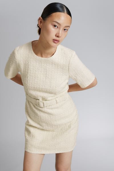 Tweed Belted Mini Dress - White - Ladies | H&M GB | H&M (UK, MY, IN, SG, PH, TW, HK)
