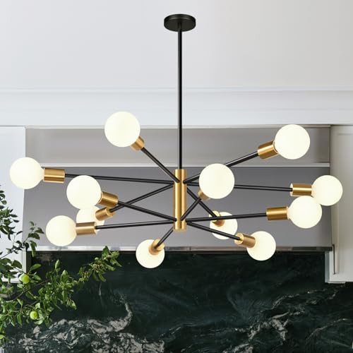 33" Modern Chandelier Ceiling Light Fixture, 12-Light Sputnik Chandeliers Brushed Gold and Black Mid Century Chandelier Over Table, Height Adjustable Chandeliers for Dining Room Living Room Kitchen | Amazon (US)
