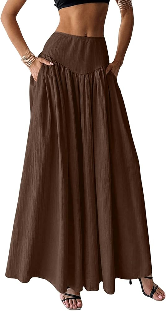 Milumia Women's Pleated Flowy Long Skirts High Waist Maxi Skirt with Pocket | Amazon (US)