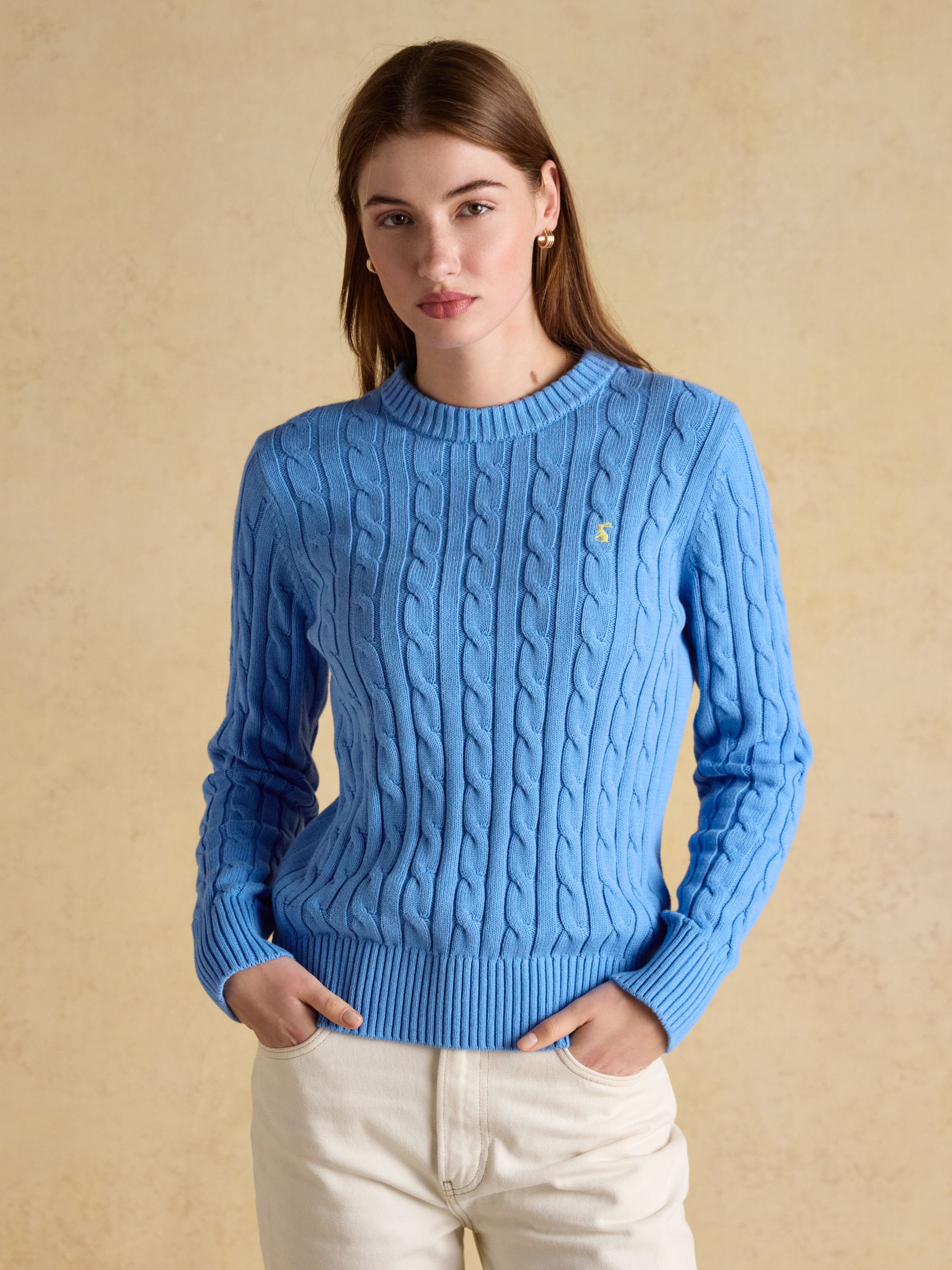 Blue Classic Crew Neck Cotton Cable Knit Jumper | Joules | Joules