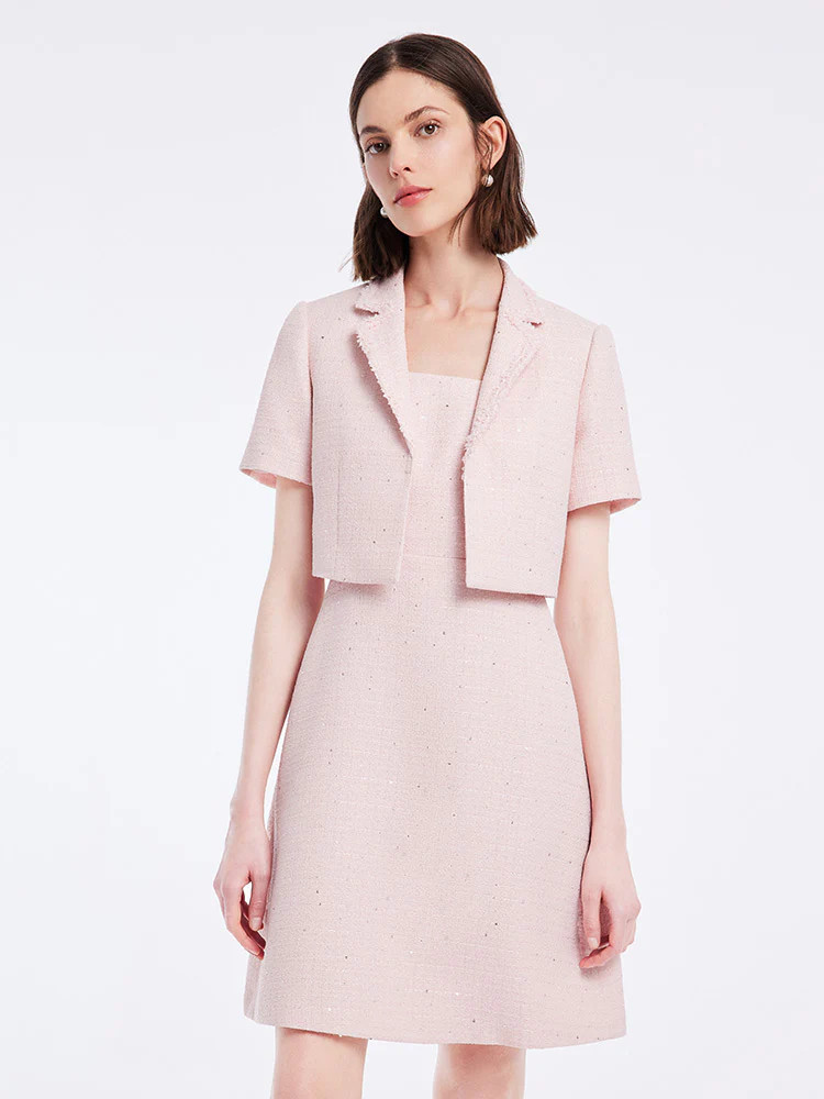 Crop Blazer And Vest Dress Two-Piece Suit - Pale pink / S | GOELIA