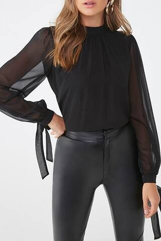 Forever 21 Chiffon Shirred Mock Neck Top , Black | Forever 21 (US)