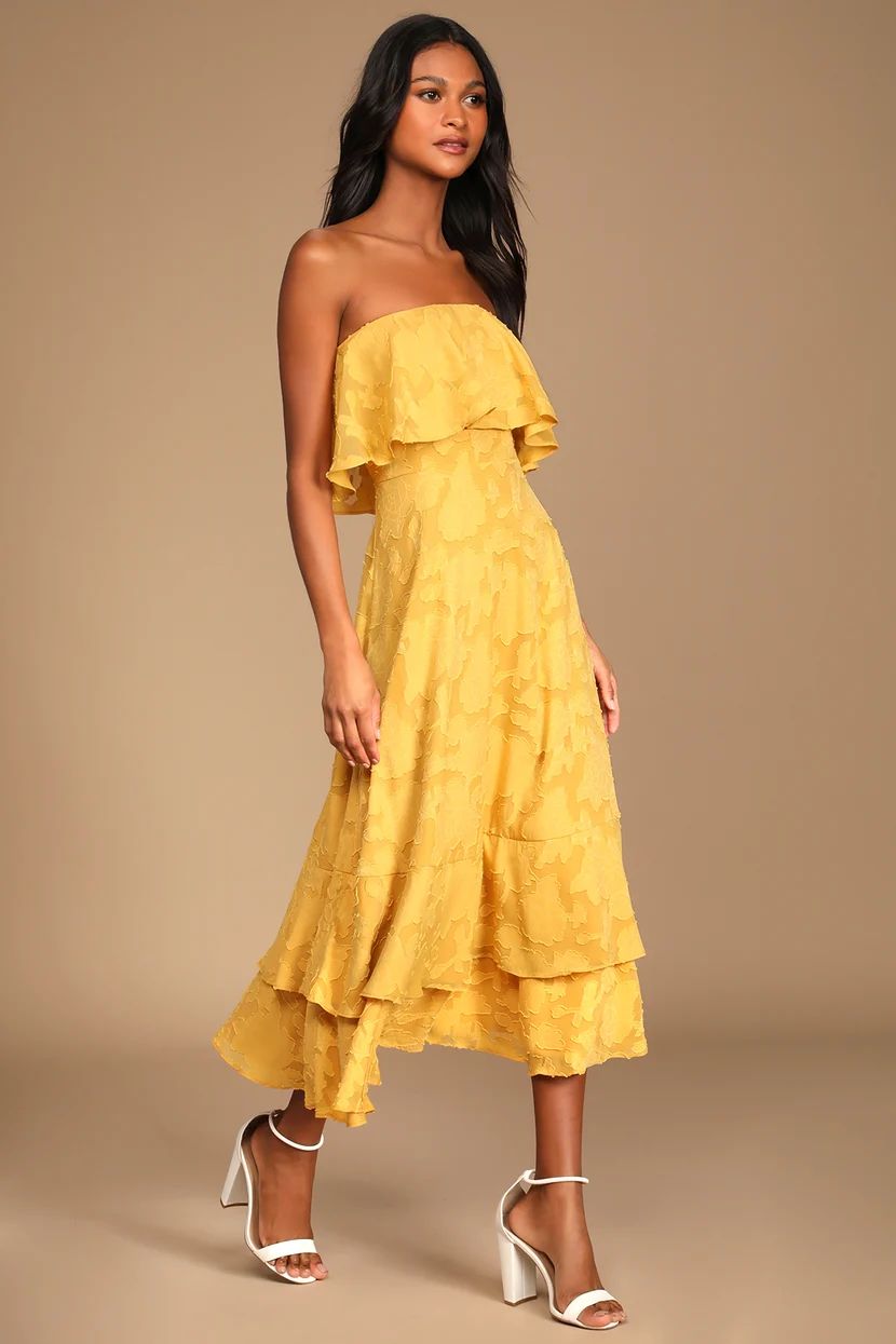 Love You So Truly Yellow Burnout Floral Strapless Midi Dress | Lulus (US)