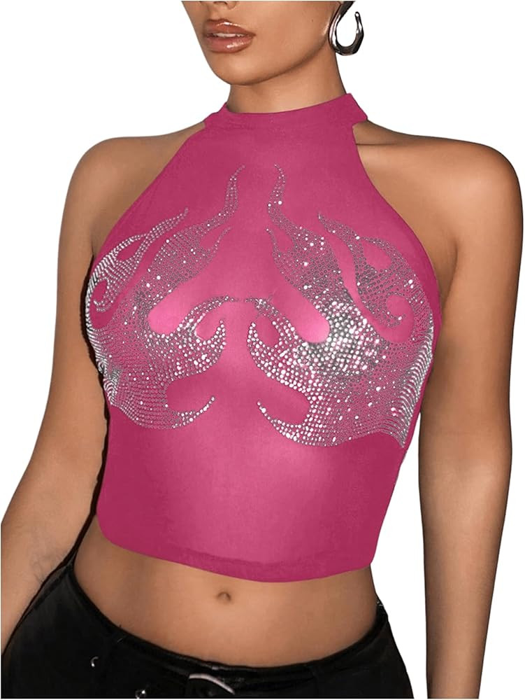 WDIRARA Women's Rhinestone Mesh Crop Top See Through Halterneck Y2k Rave Tank Top | Amazon (US)