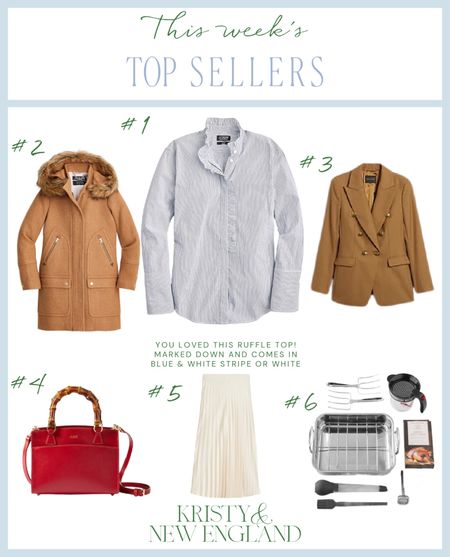 Top Sellers! What you loved most this past week: Ruffle collar shirt (sale), Chateau parka, camel blazer, red leather bamboo crossbody, pleated skirt (sale), Turkey roasting set

#LTKover40 #LTKhome #LTKsalealert