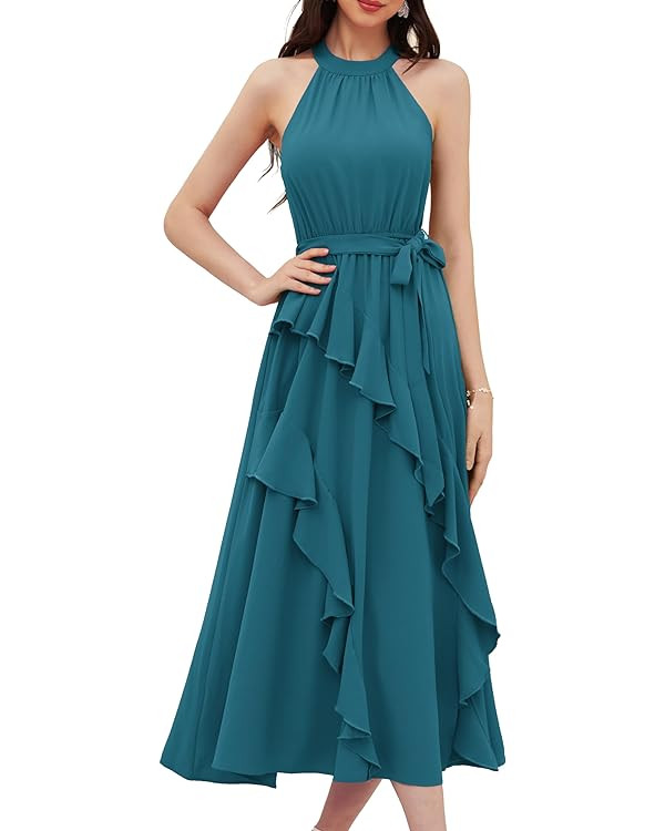 GRACE KARIN Women's 2024 Summer Sleeveless Halter Neck Ruffle Hem Split Flowy Swing Long Midi Dre... | Amazon (US)