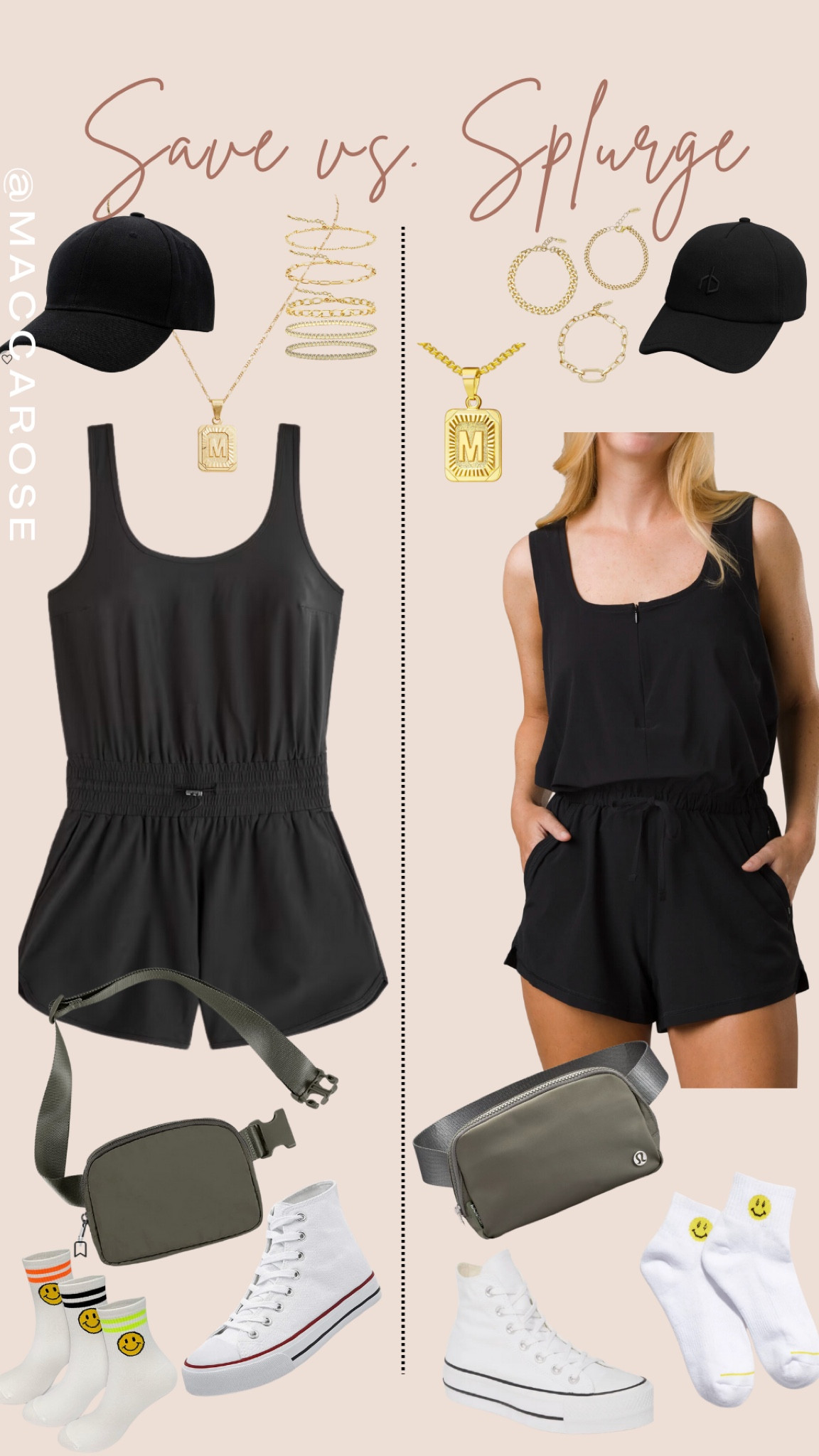 Save vs. splurge | athletic wear | travel look | romper | sneakers | high tops | accessories | belt bag | affordable fashion 

#LTKstyletip #LTKtravel #LTKSeasonal