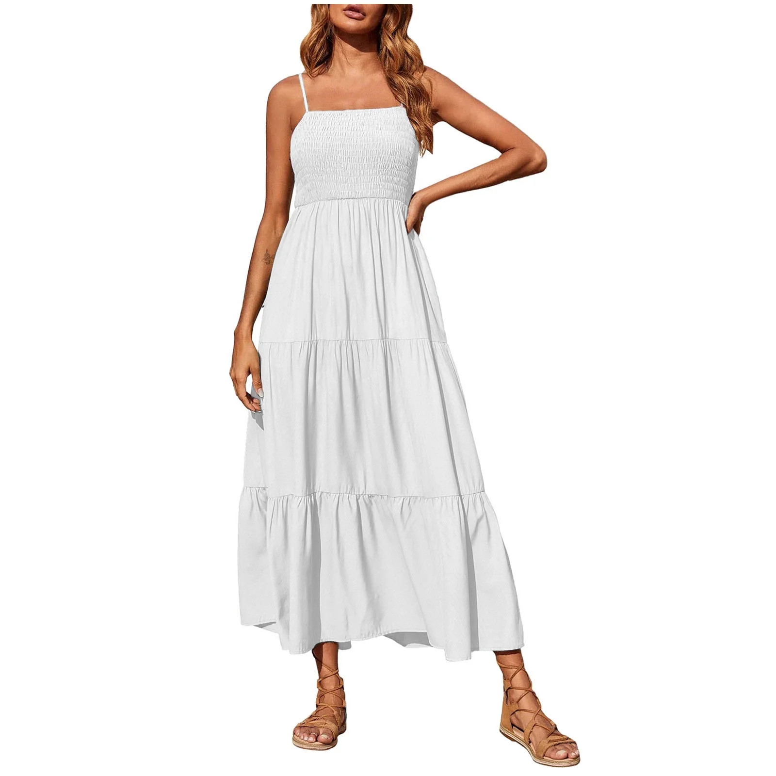 BYOIMUD Women's Bohemian Spaghetti Strap Smocked Tiered Long Beach Sun Dresses Sleeveless Solid M... | Walmart (US)