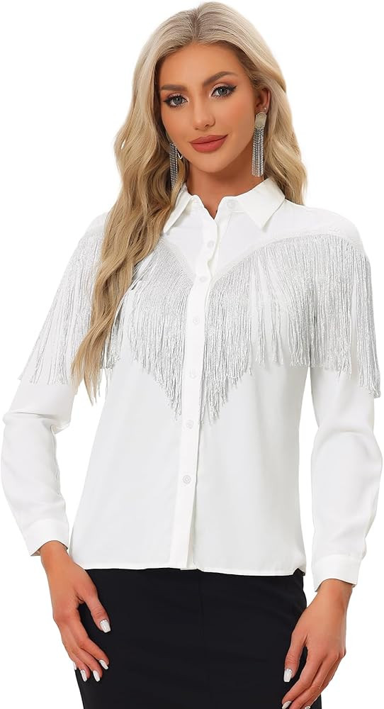 Allegra K Women's Western Fringe Blouse Long Sleeve Button Down Disco Cowgirl Shirts | Amazon (US)