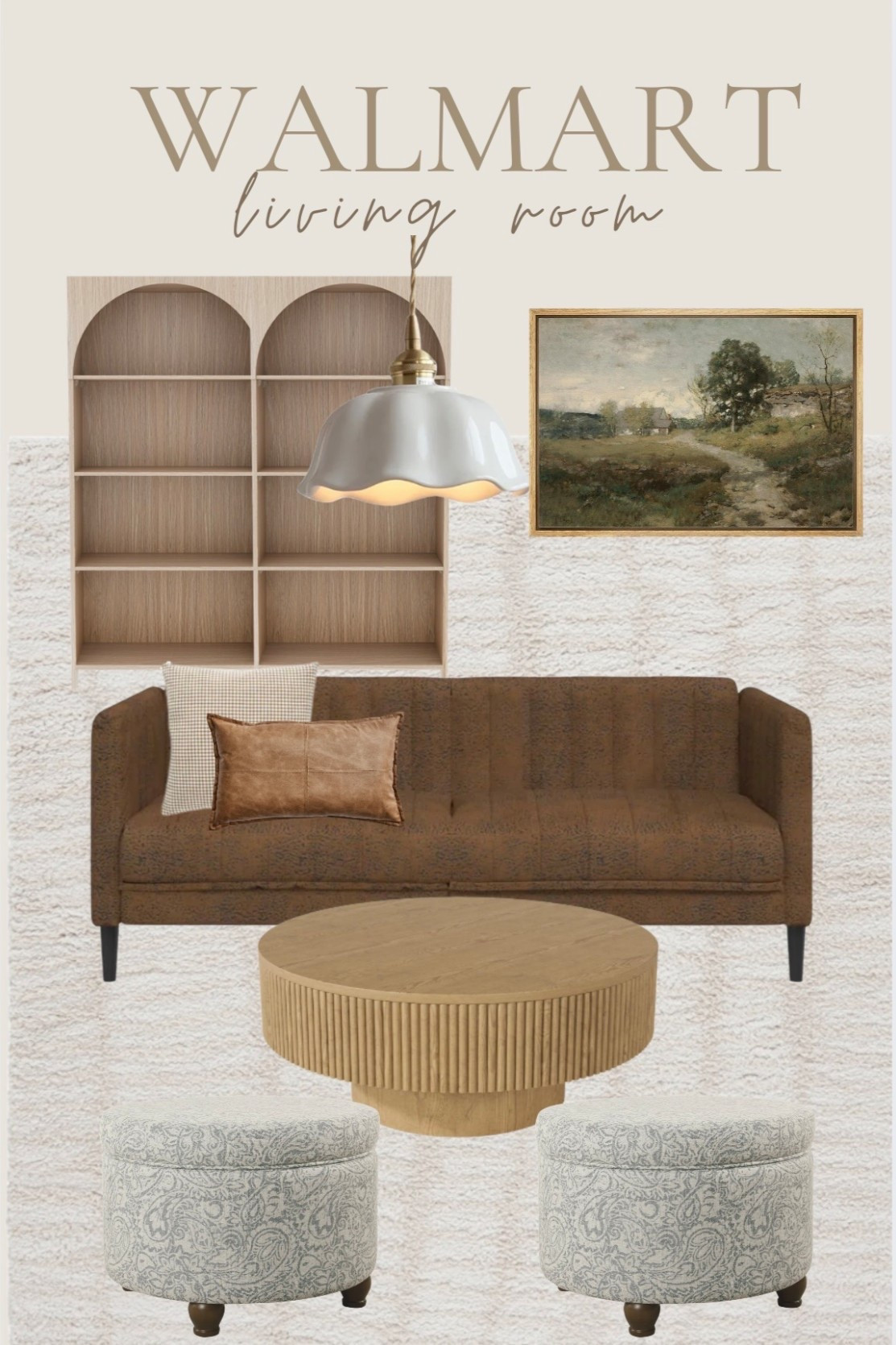 I’m obsessed with this Walmart living room. Using a dark brown Rich sofa to ground the room with these arched bookcases and beautiful landscape art, and the scalloped light and coffee table to finish the space.

#LTKHome