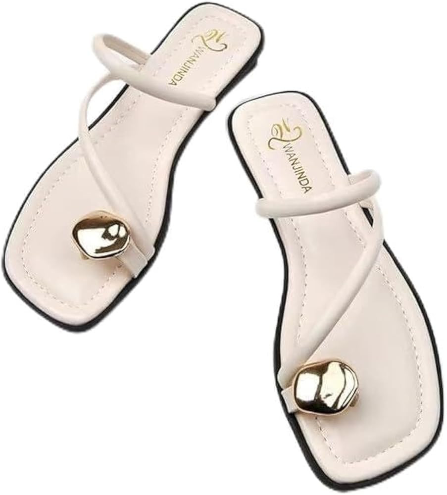 Women's leather strappy flat metal toe ring sandals fashionable square open toe low block heel sl... | Amazon (US)