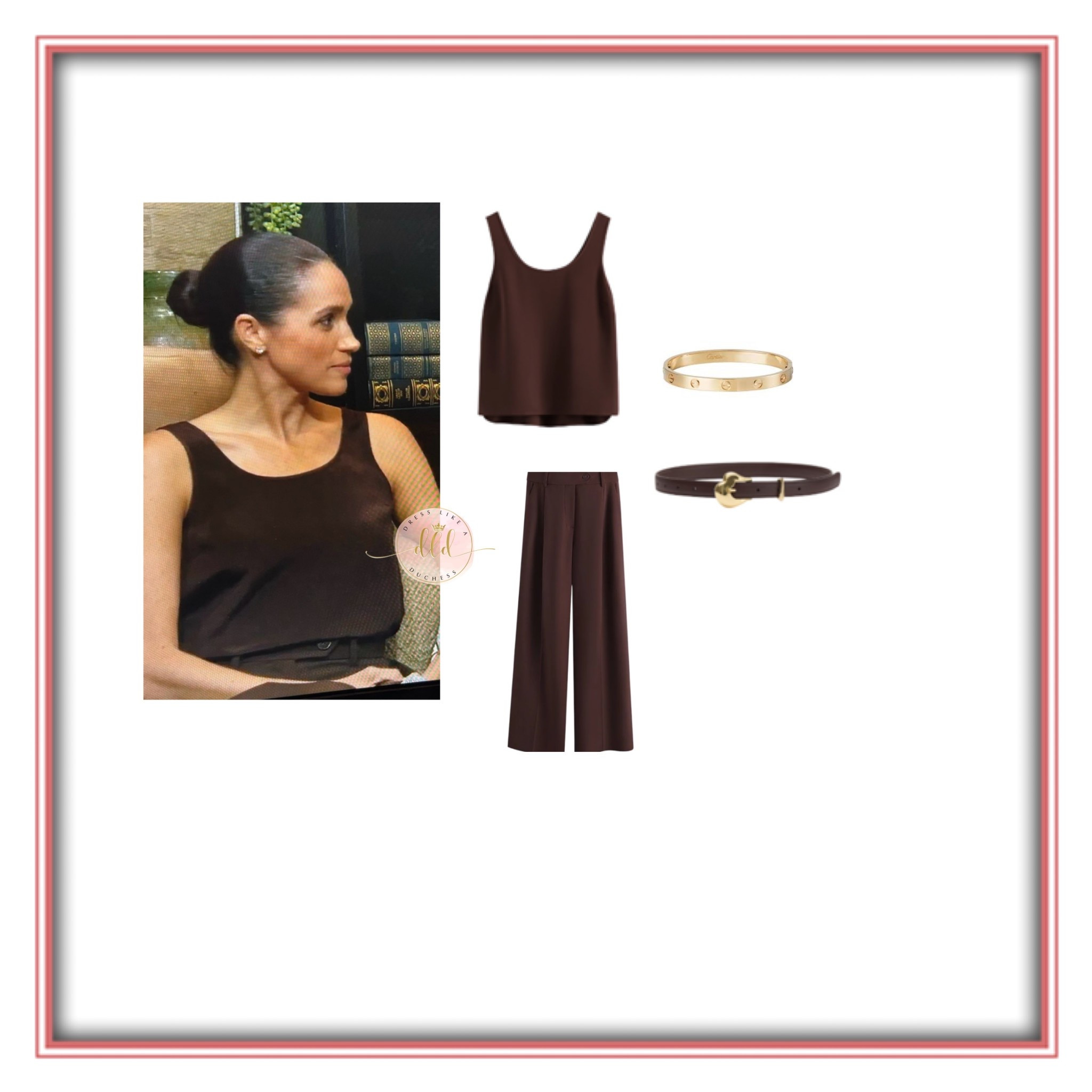 10/23/25 Meghan Markle at Godmothers Bookstore in Cuyana brown silk camisole  + trousers + belt 