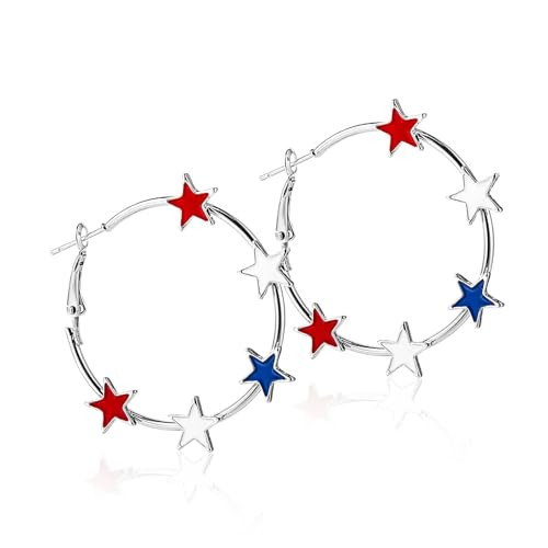 4th of July Gifts Red White Blue Star Circle Hoop Earrings for Women Independent Day Glitter Dang... | Amazon (US)