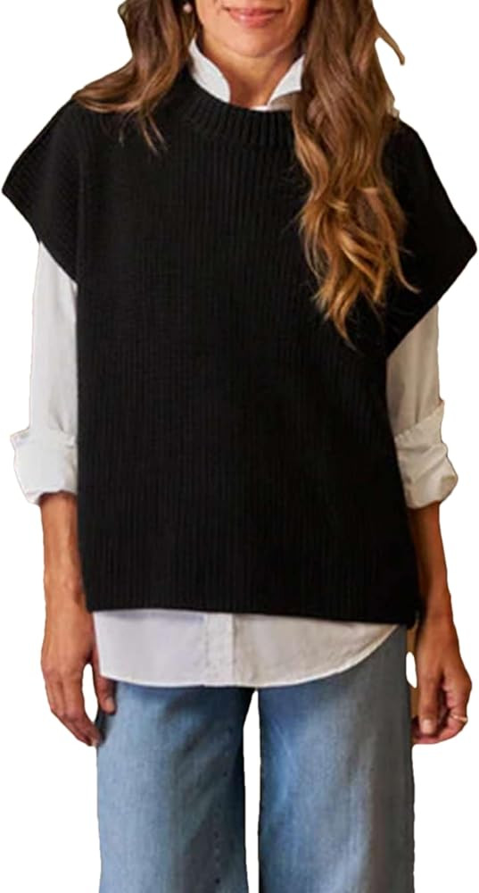 Womens Cap Sleeve Sweater Vest Fall Ribbed Knit Sleeveless Crewneck Casual Pullover Tops | Amazon (US)