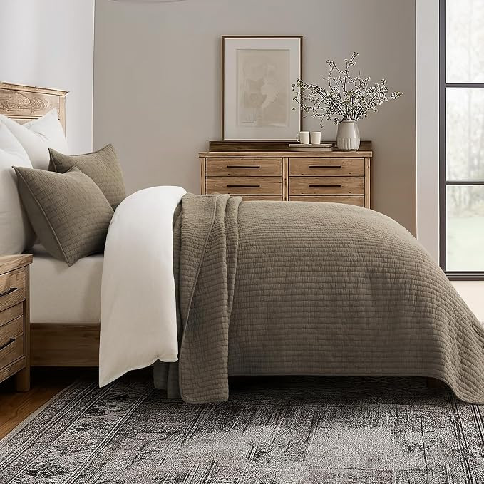 100% Cotton Cross Stitch 3-Piece Quilt Set, Queen, Mocha Brown | Amazon (US)