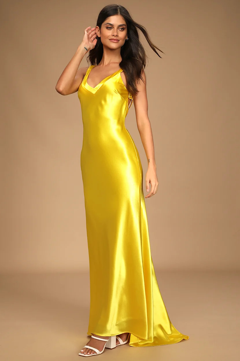 Perfectly Classy Yellow Satin Strappy Maxi Dress | Lulus