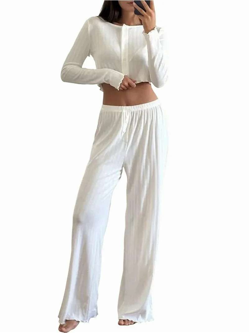 Womens 2 Piece Outfits Crewneck Long Sleeve Tops Wide Leg Long Pants Casual Lounge Set Tracksuit ... | Walmart (US)