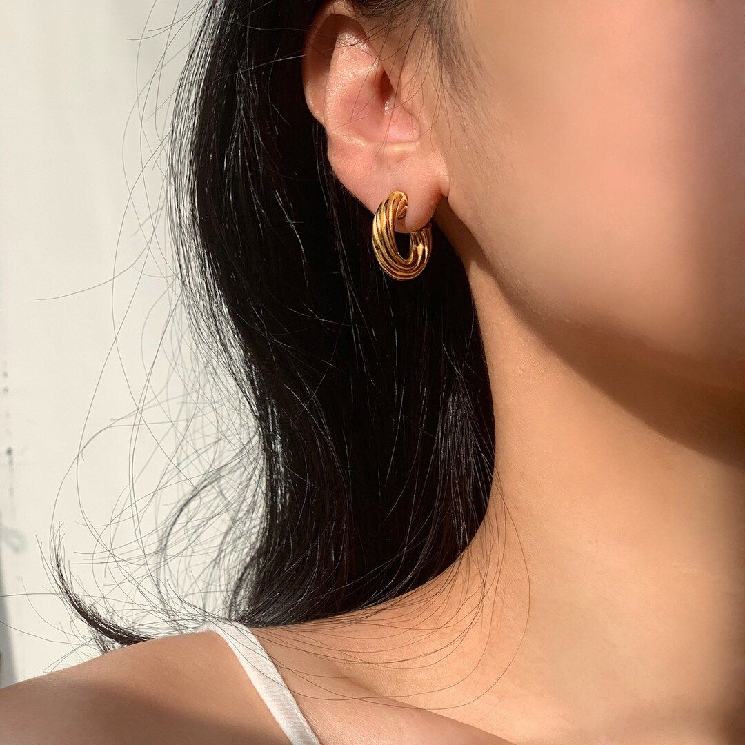 Twisted Gold Hoop Earrings/Chunky Earrings/18K Gold Waterproof Earrings/Minimalist Earrings/Gold ... | Etsy (US)