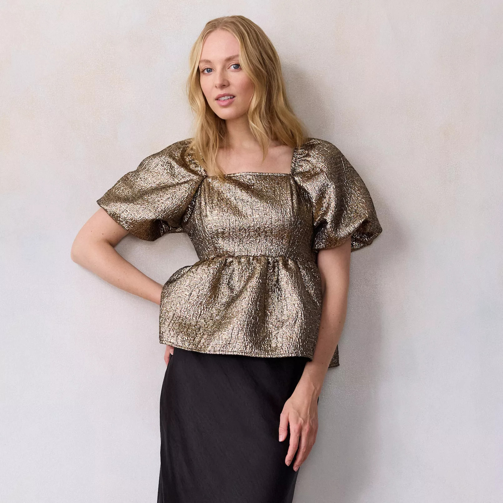 Petite LC Lauren Conrad Puff Sleeve Peplum Top | Kohl's