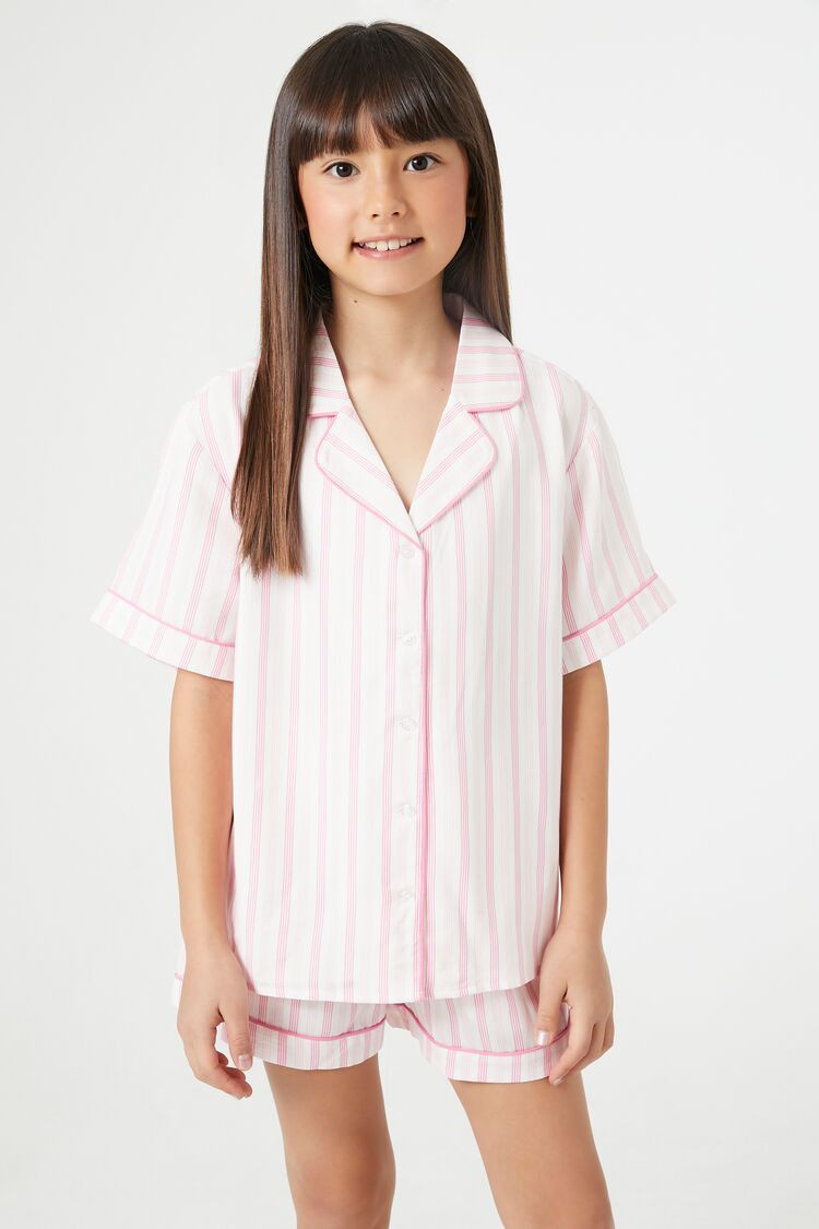 Girls Striped Shirt & Shorts Pajama Set (Kids) in Pink, 11/12 | Forever 21