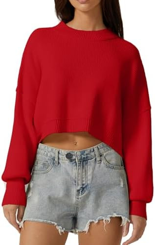 QINSEN Women's Mock Neck Cropped Sweater Long Sleeve Drop Shouler Oversized Knit Pullover Tops | Amazon (US)