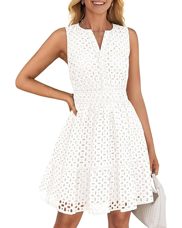 ZESICA Women's Summer Sleeveless Mini Dress V Neck Hollow Out Eyelet High Waist A Line Swing Shor... | Amazon (US)