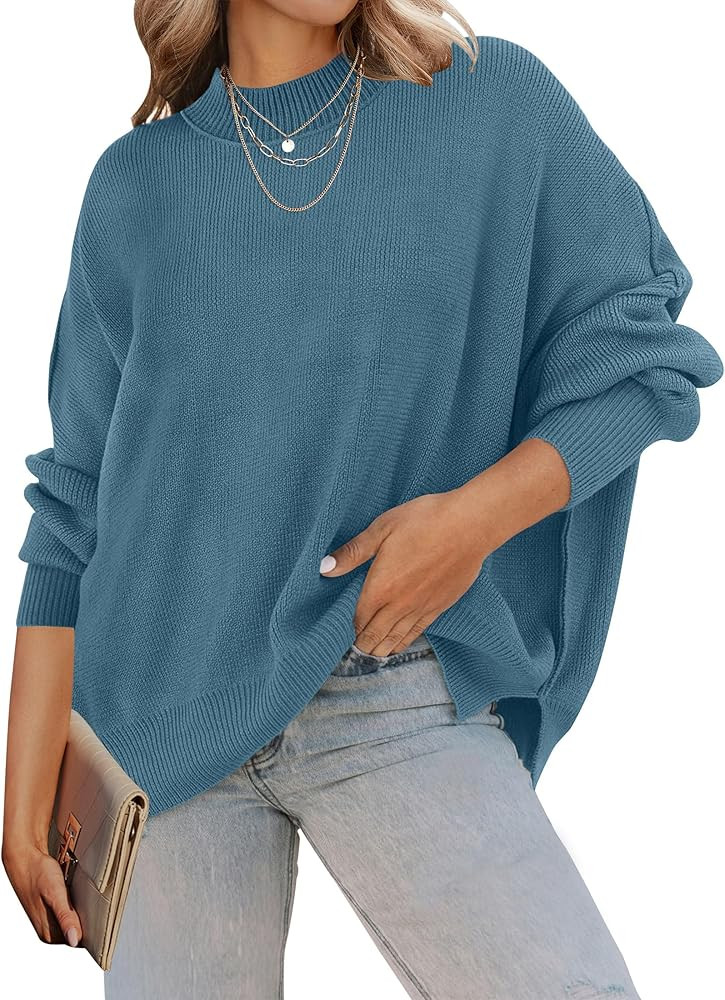 ZESICA Women's Fall 2026 Casual Long Sleeve Crew Neck Side Slit Oversized Ribbed Knit Pullover Sw... | Amazon (US)