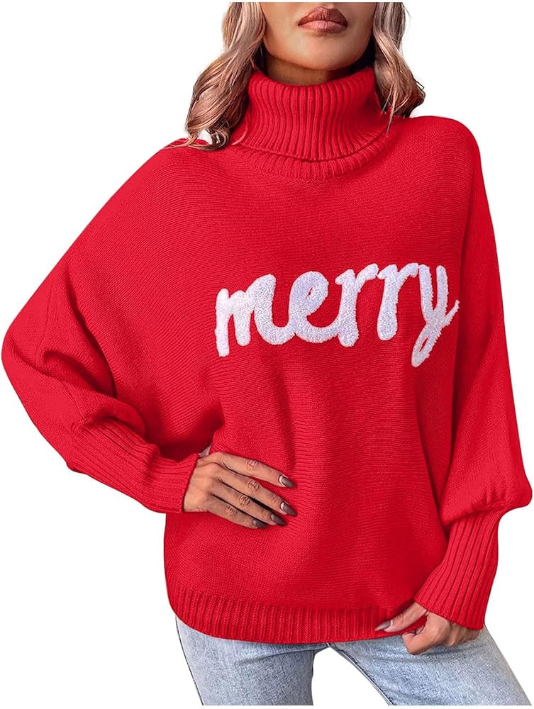 Merry Christmas Sweater for Women Christmas Letter Printing Knitted Pullover High Collar Baggy To... | Amazon (US)