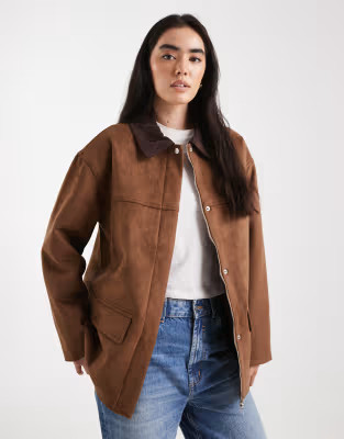 4th & Reckless faux suede contrast collar barn jacket in brown | ASOS | ASOS (Global)