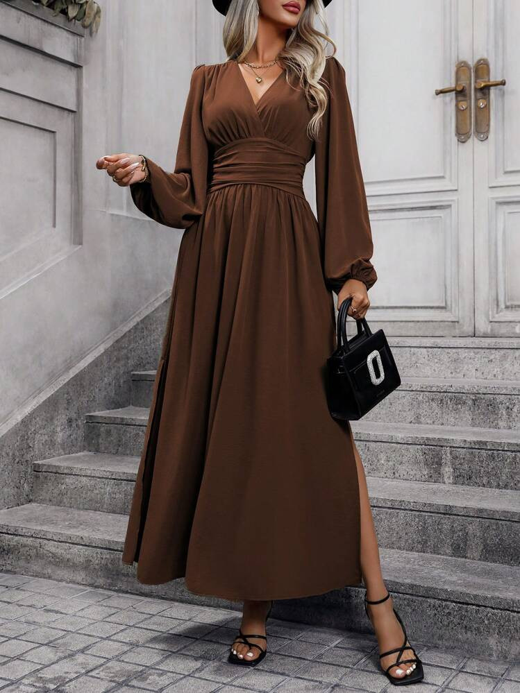 EMERY ROSE Lantern Sleeve Split Thigh Dress Maxi Women Outfit Fall Cloth For Women | SHEIN